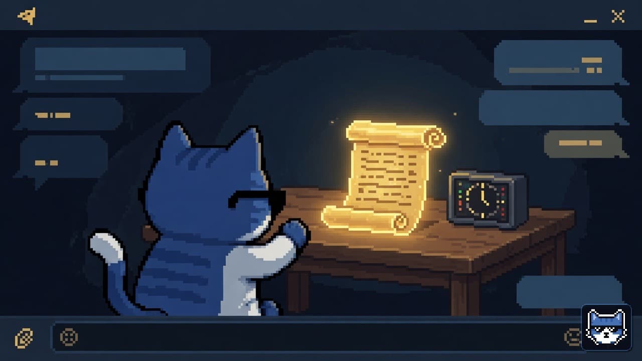 Blue Chatito cat turns away from a glowing last-call contract scroll in a dark chat