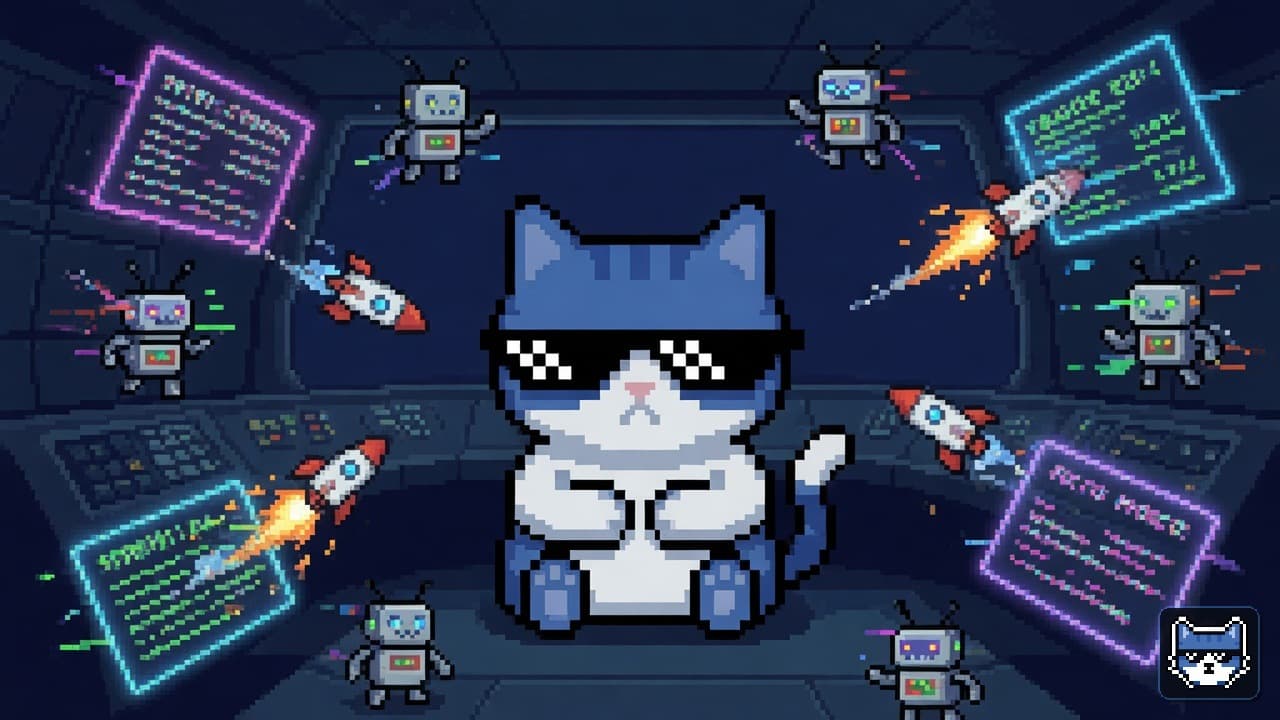 Blue Chatito cat sits still while spam bots and rockets blast a pixel Telegram room